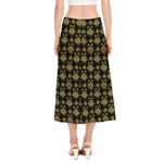 Black And Gold Lotus Flower Print Side Slit Midi Skirt