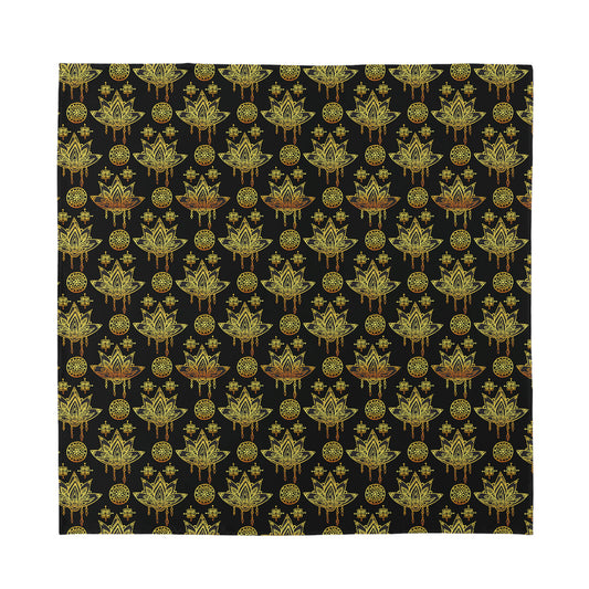 Black And Gold Lotus Flower Print Silk Bandana