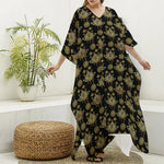 Black And Gold Lotus Flower Print Silk V-Neck Kaftan Dress