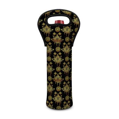 Black And Gold Lotus Flower Print Single Neoprene Wine Tote