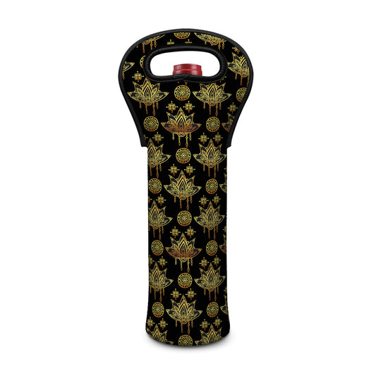 Black And Gold Lotus Flower Print Single Neoprene Wine Tote
