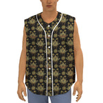 Black And Gold Lotus Flower Print Sleeveless Baseball Jersey