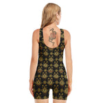Black And Gold Lotus Flower Print Sleeveless One Piece Swimsuit