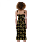 Black And Gold Lotus Flower Print Slim Fit Midi Cami Dress