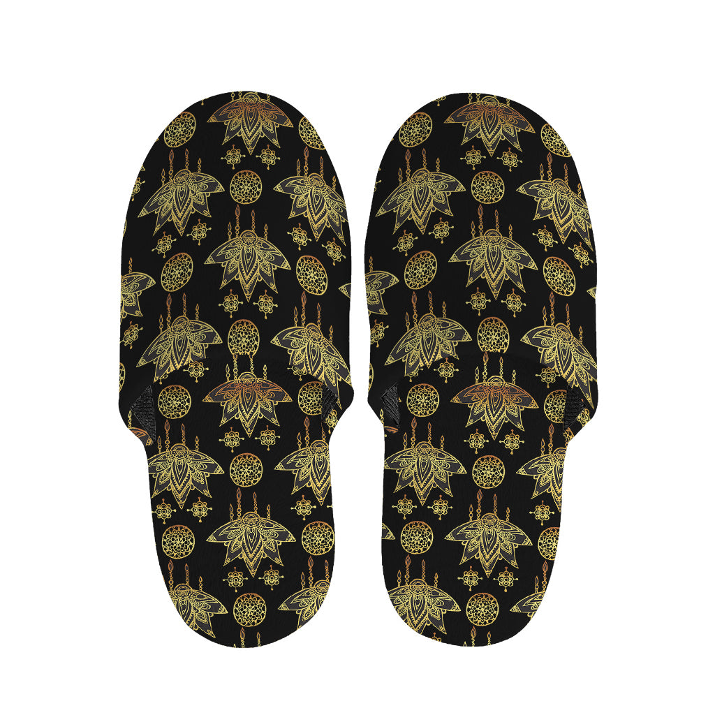 Black And Gold Lotus Flower Print Slippers