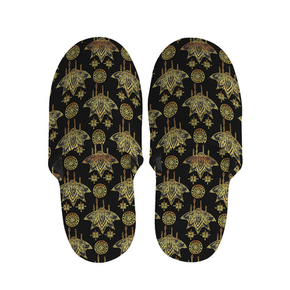 Black And Gold Lotus Flower Print Slippers