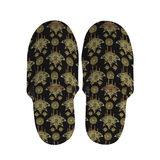 Black And Gold Lotus Flower Print Slippers