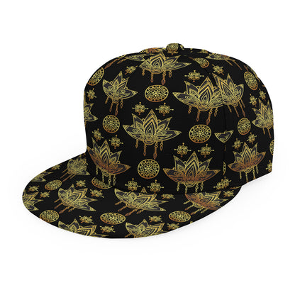 Black And Gold Lotus Flower Print Snapback Cap