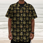 Black And Gold Lotus Flower Print Textured Short Sleeve Shirt