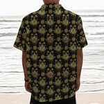 Black And Gold Lotus Flower Print Textured Short Sleeve Shirt
