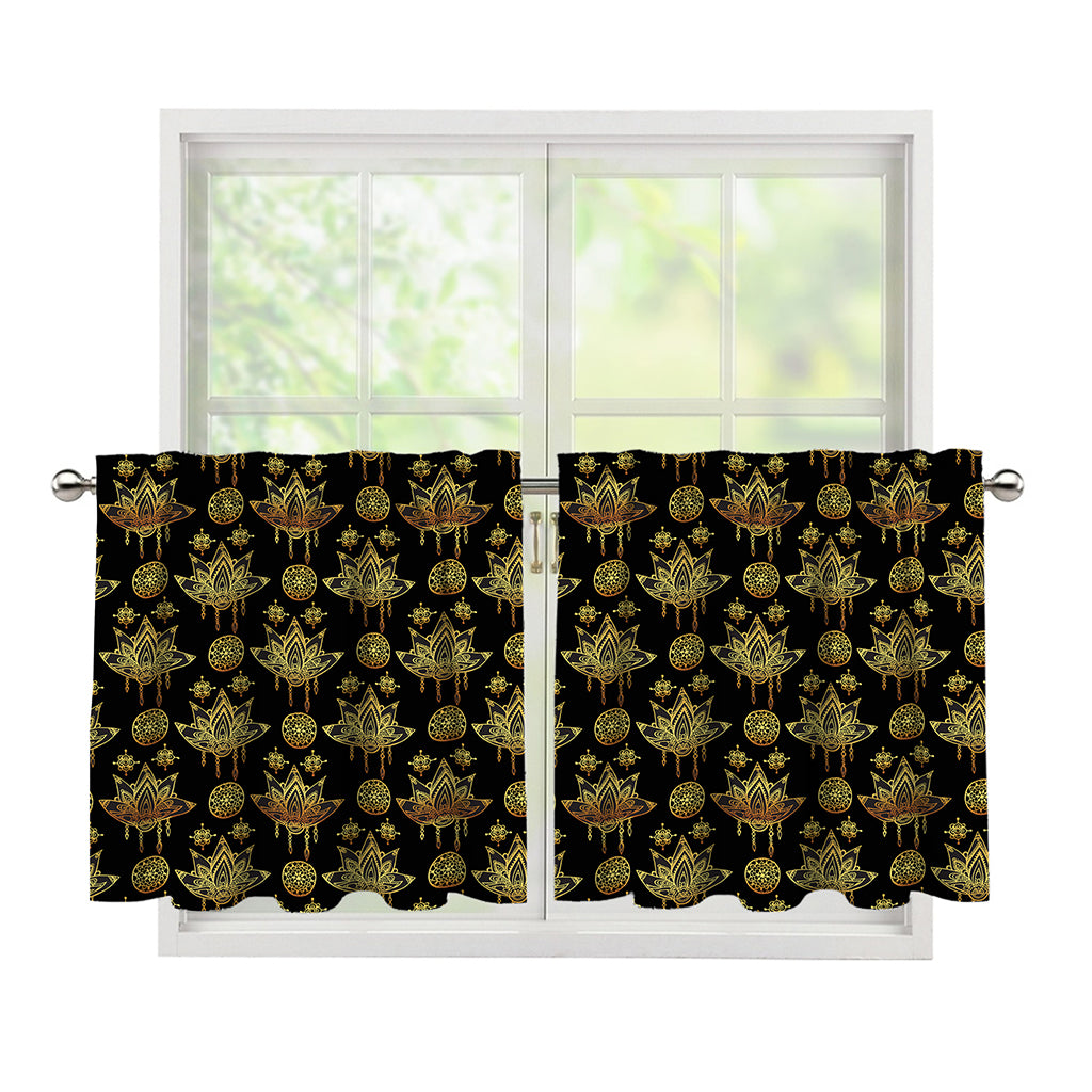 Black And Gold Lotus Flower Print Tier Curtains