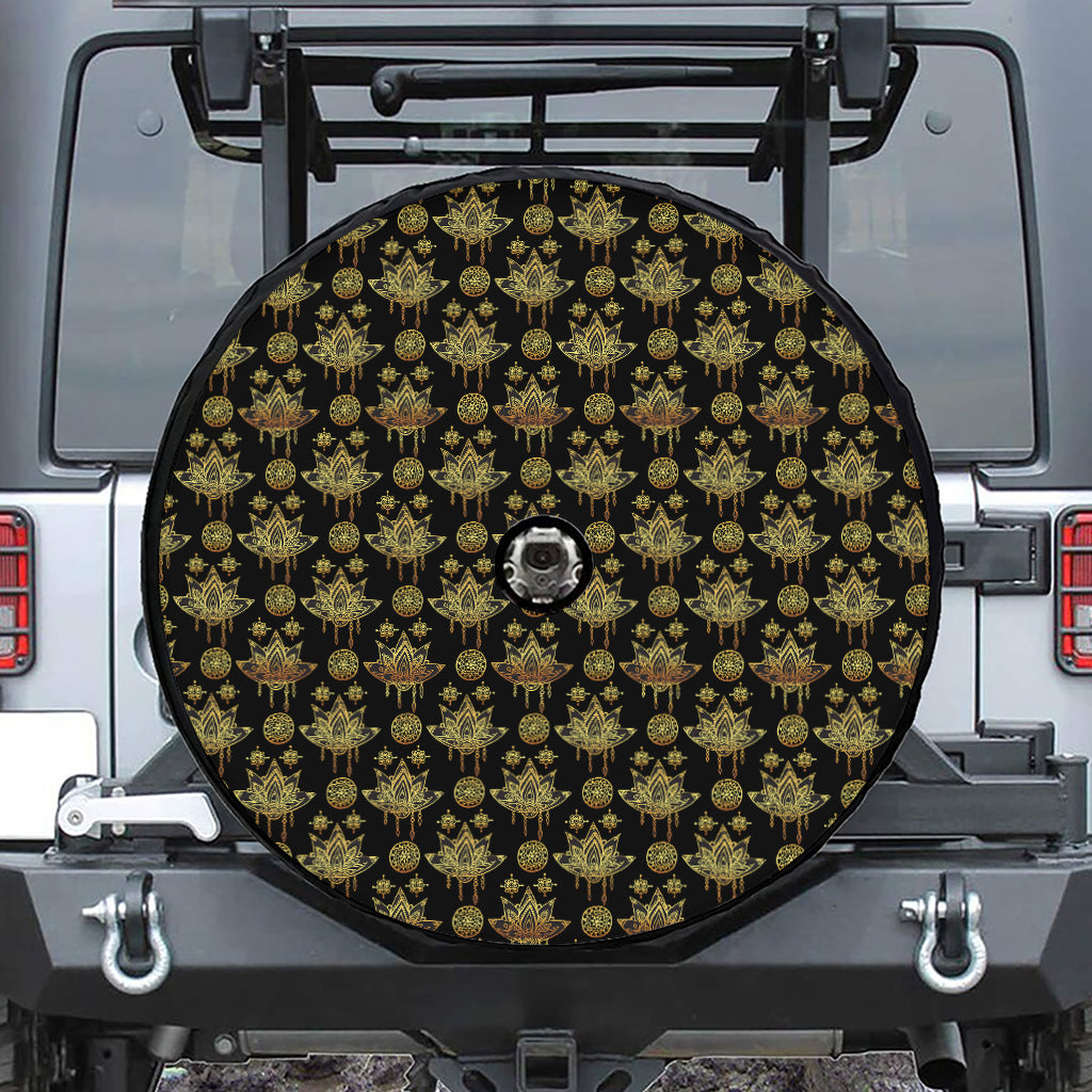 Black And Gold Lotus Flower Print Tire Cover With Camera Hole