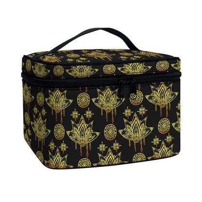 Black And Gold Lotus Flower Print Travel Makeup Bag