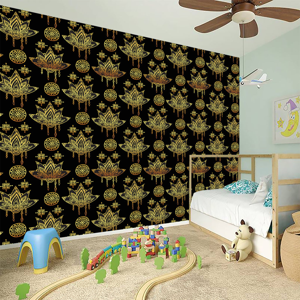 Black And Gold Lotus Flower Print Wall Sticker