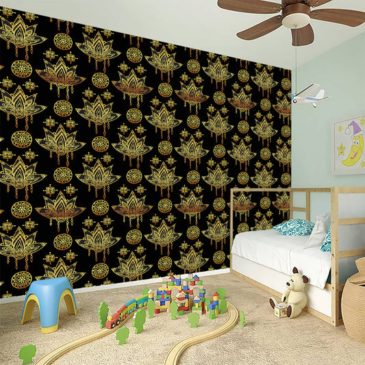 Black And Gold Lotus Flower Print Wall Sticker