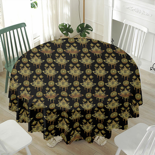 Black And Gold Lotus Flower Print Waterproof Round Tablecloth