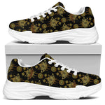 Black And Gold Lotus Flower Print White Chunky Shoes