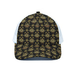 Black And Gold Lotus Flower Print White Mesh Trucker Cap