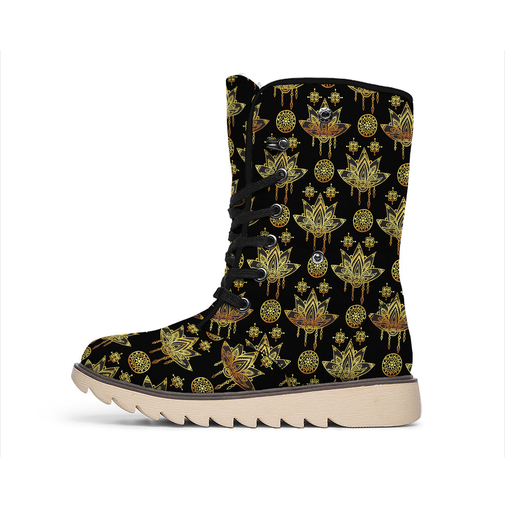 Black And Gold Lotus Flower Print Winter Boots