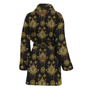 Black And Gold Lotus Flower Print Women's Bathrobe