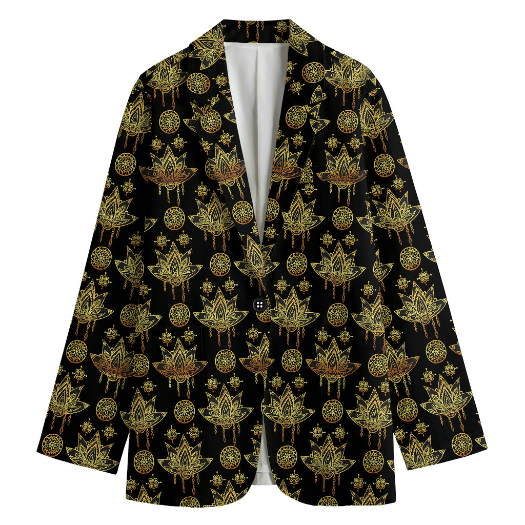 Black And Gold Lotus Flower Print Women's Blazer