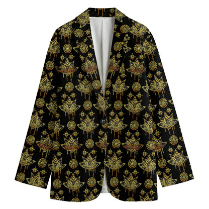 Black And Gold Lotus Flower Print Women's Blazer