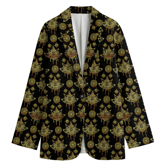 Black And Gold Lotus Flower Print Women's Blazer