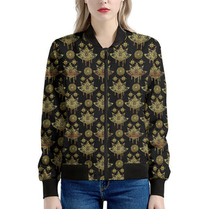 Black And Gold Lotus Flower Print Women's Bomber Jacket