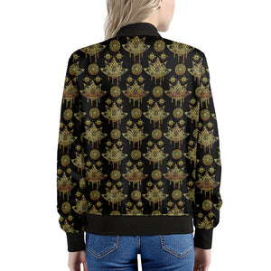 Black And Gold Lotus Flower Print Women's Bomber Jacket