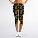 Black And Gold Lotus Flower Print Women's Capri Leggings