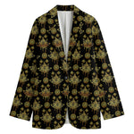 Black And Gold Lotus Flower Print Women's Cotton Blazer
