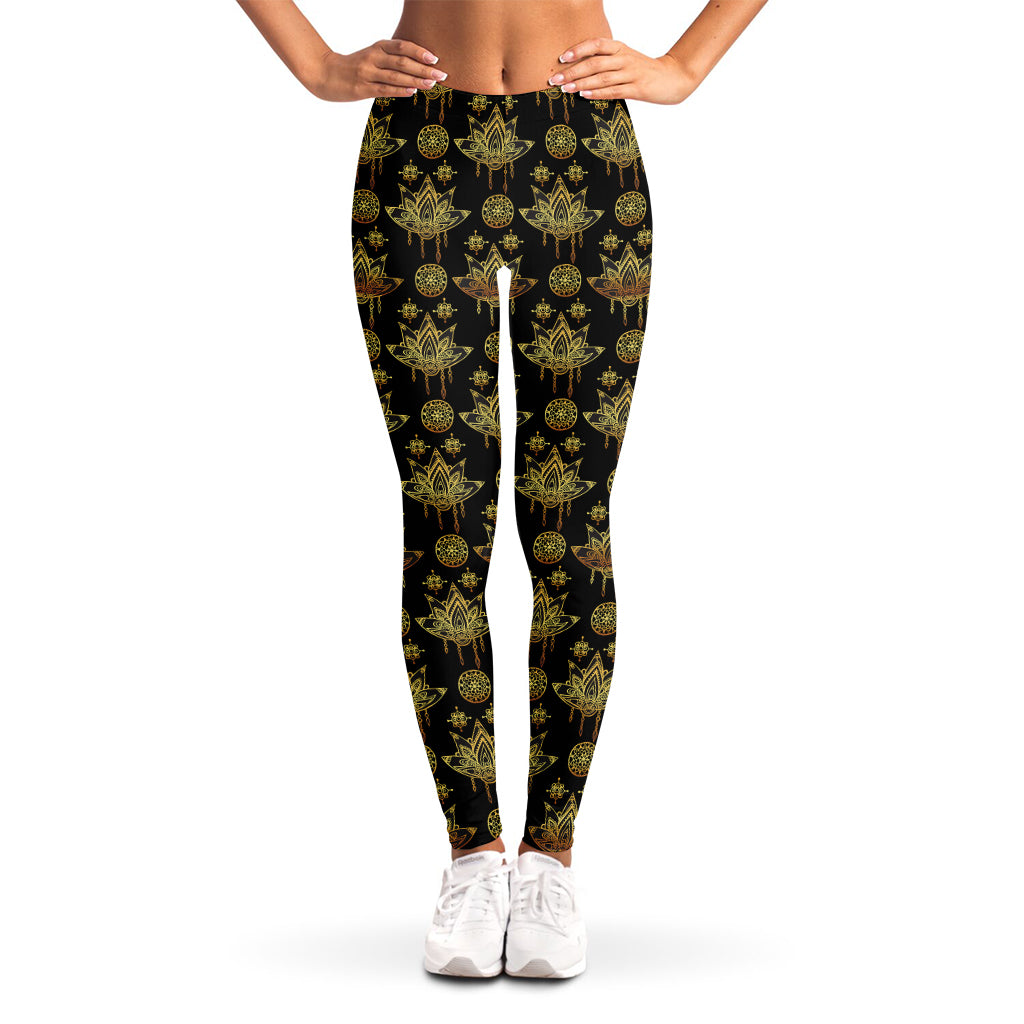 Black And Gold Lotus Flower Print Women's Leggings