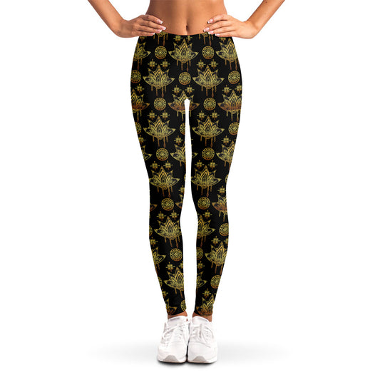 Black And Gold Lotus Flower Print Women's Leggings
