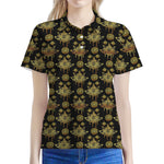 Black And Gold Lotus Flower Print Women's Polo Shirt