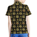 Black And Gold Lotus Flower Print Women's Polo Shirt