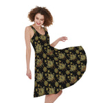 Black And Gold Lotus Flower Print Women's Sleeveless Dress