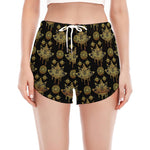 Black And Gold Lotus Flower Print Women's Split Running Shorts