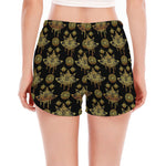 Black And Gold Lotus Flower Print Women's Split Running Shorts