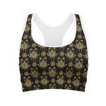 Black And Gold Lotus Flower Print Women's Sports Bra