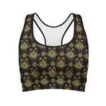Black And Gold Lotus Flower Print Women's Sports Bra