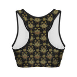Black And Gold Lotus Flower Print Women's Sports Bra