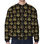 Black And Gold Lotus Flower Print Zip Sleeve Bomber Jacket