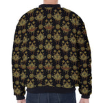 Black And Gold Lotus Flower Print Zip Sleeve Bomber Jacket