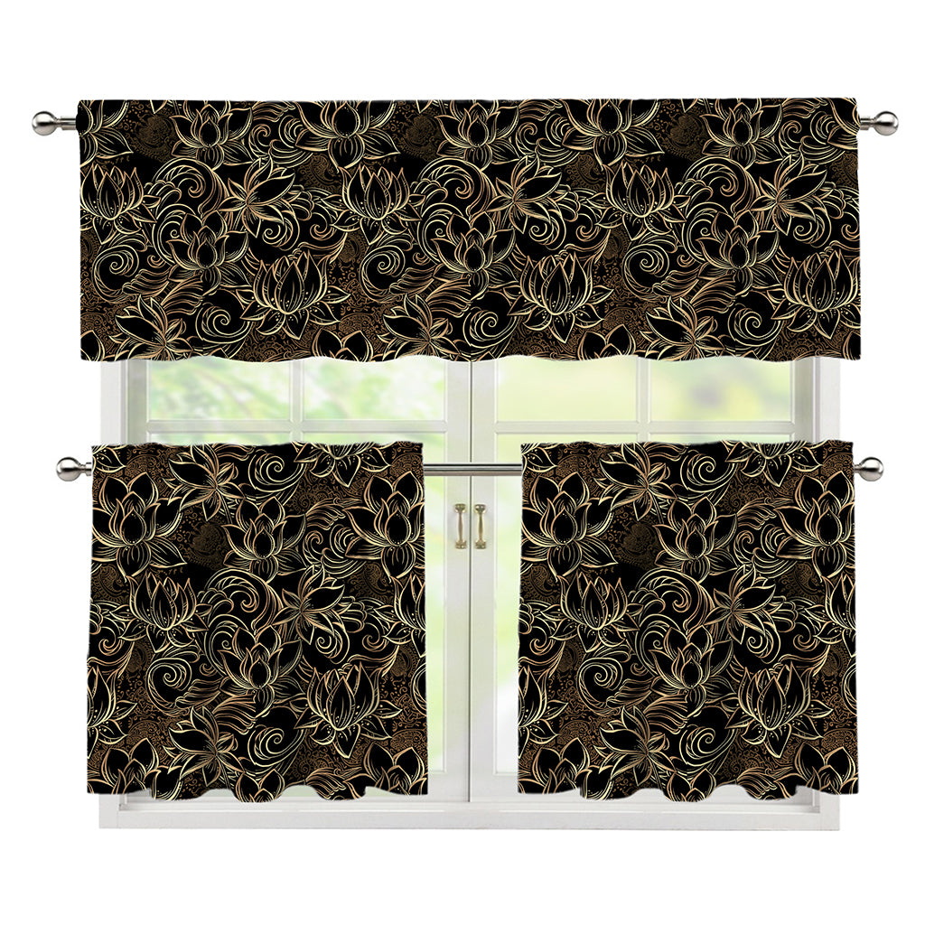 Black And Gold Lotus Pattern Print 3 Piece Kitchen Curtains