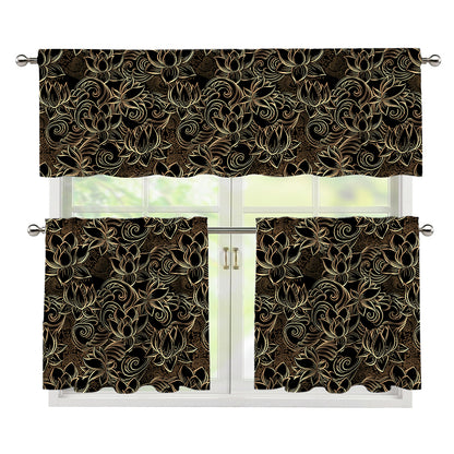 Black And Gold Lotus Pattern Print 3 Piece Kitchen Curtains
