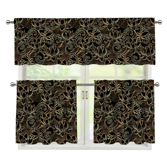 Black And Gold Lotus Pattern Print 3 Piece Kitchen Curtains