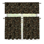 Black And Gold Lotus Pattern Print 3 Piece Kitchen Curtains