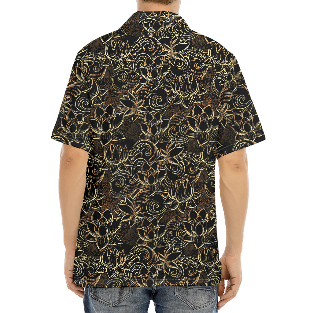 Black And Gold Lotus Pattern Print Aloha Shirt