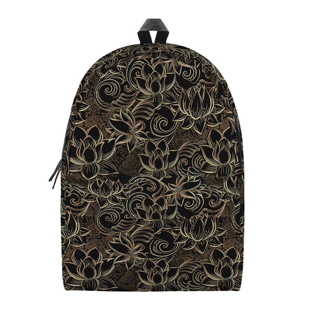 Black And Gold Lotus Pattern Print Backpack