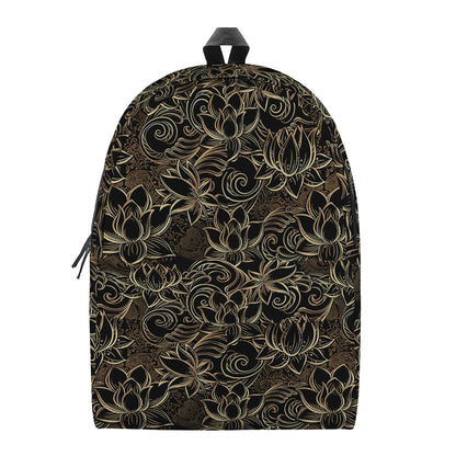 Black And Gold Lotus Pattern Print Backpack